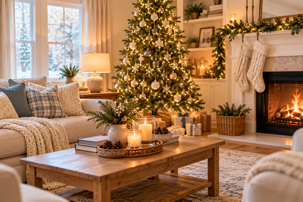 Cozy Christmas living room with glowing tree, warm lights, candles, fireplace, and soft blankets