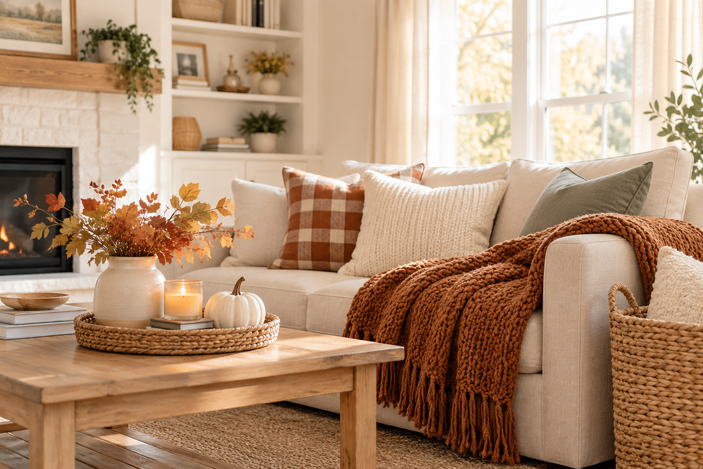 Cozy fall living room with warm throw blanket, textured pillows, woven basket, and autumn decor