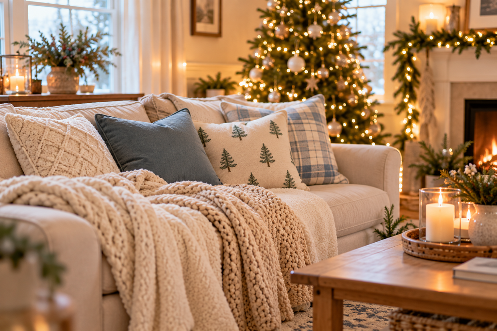 Cozy Christmas living room with knit blankets, textured pillows, warm lights, and a decorated tree
