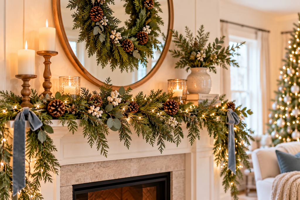 Christmas mantel decorated with evergreen garland, pinecones, warm lights, candles, and blue ribbon
