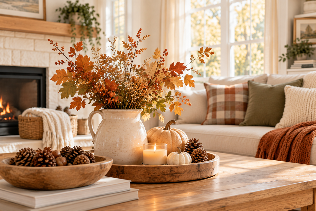 Fall living room with autumn branches, pumpkins, pinecones, candle, and warm natural decor