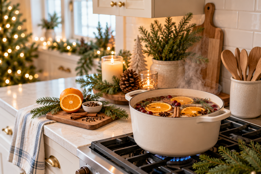 Cozy Christmas kitchen with simmer pot, oranges, cinnamon sticks, evergreen branches, and warm candlelight