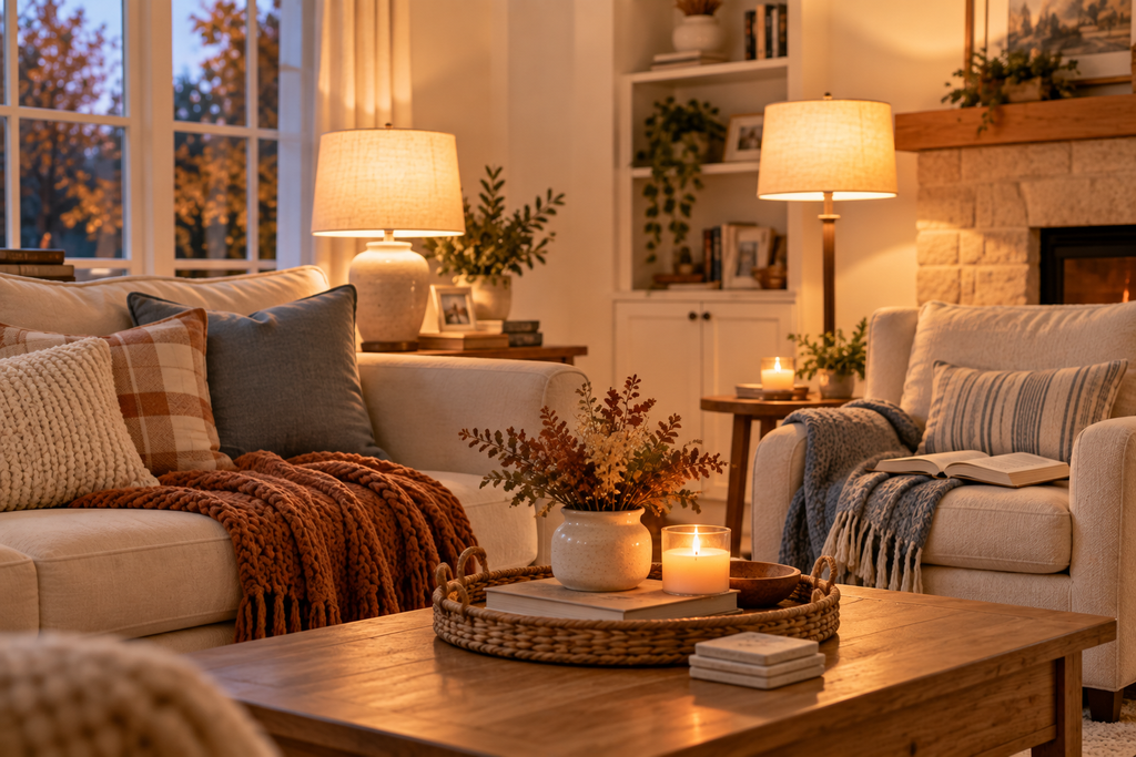 Cozy fall living room with warm lamps, soft blankets, candles, and a reading chair