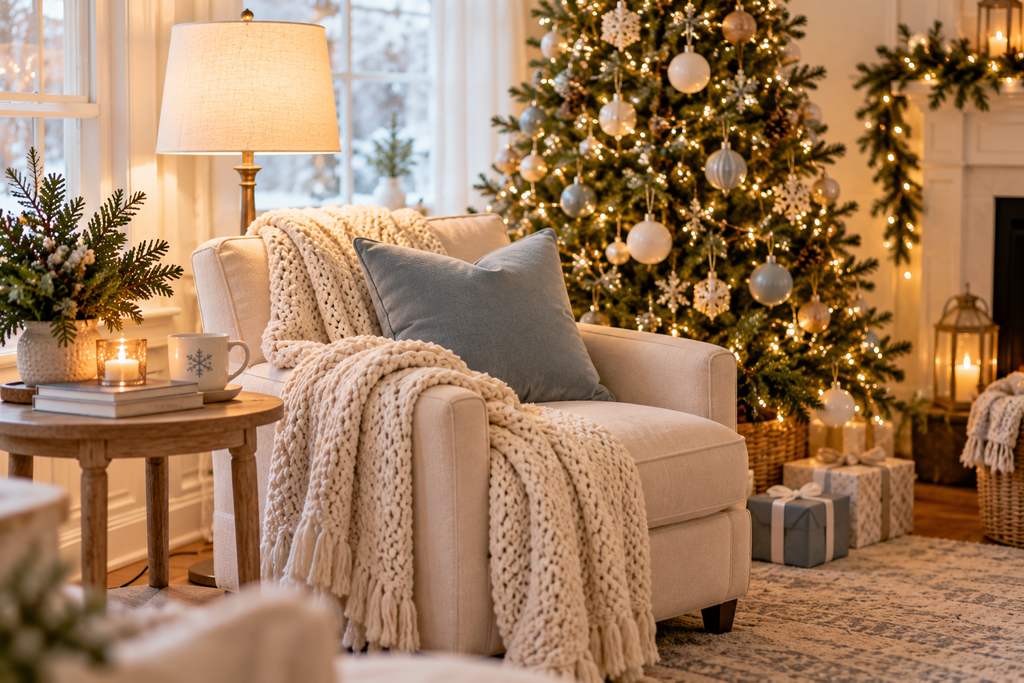 Cozy Christmas reading corner with armchair, knit blanket, warm lamp, books, and decorated tree