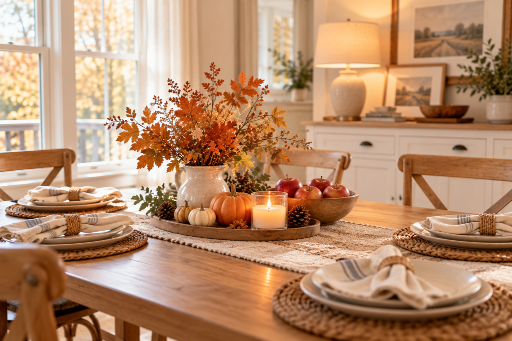 Cozy fall dining table with pumpkins, apples, autumn branches, candles, and neutral place settings