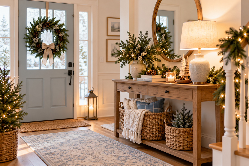 Christmas entryway with evergreen wreath, warm lamp, woven baskets, greenery, and subtle holiday decor