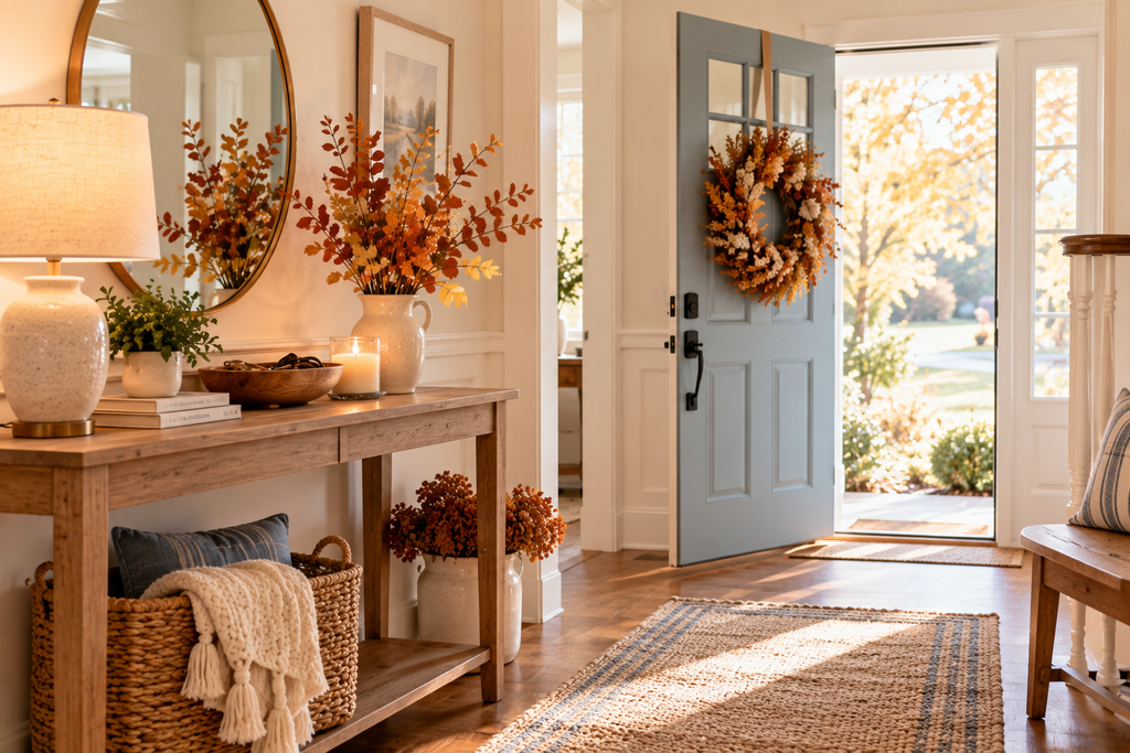 Welcoming fall entryway with autumn wreath, console table, warm lamp, woven basket, and seasonal branches