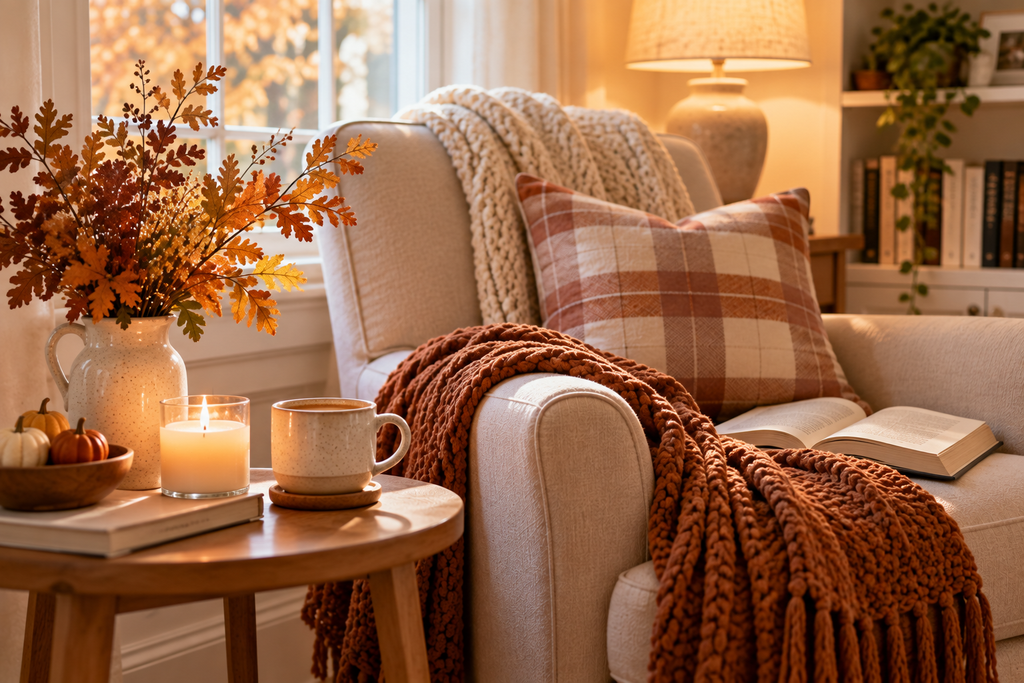 Cozy fall reading corner with armchair, warm blanket, book, candle, and cup of tea