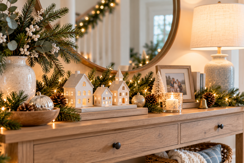 Christmas console with ceramic houses, ornaments, evergreen garland, candle, and family photo