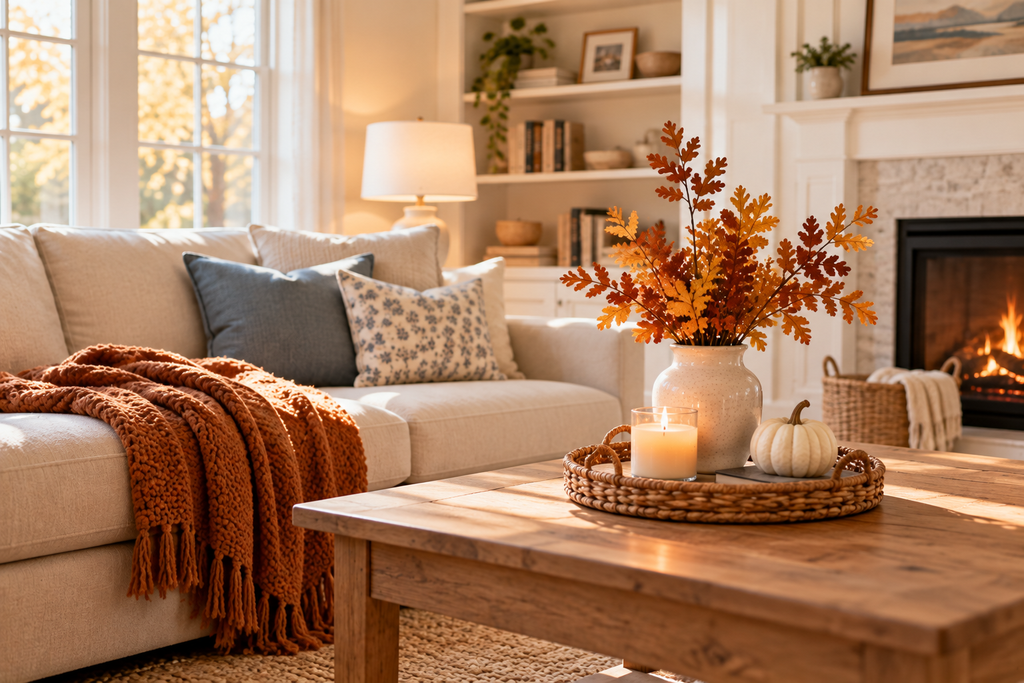Simple fall living room with warm throw, autumn branches, candle, and subtle seasonal decor