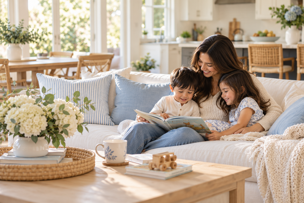 Warm family moment at home with a mother and children in a bright, cozy living space