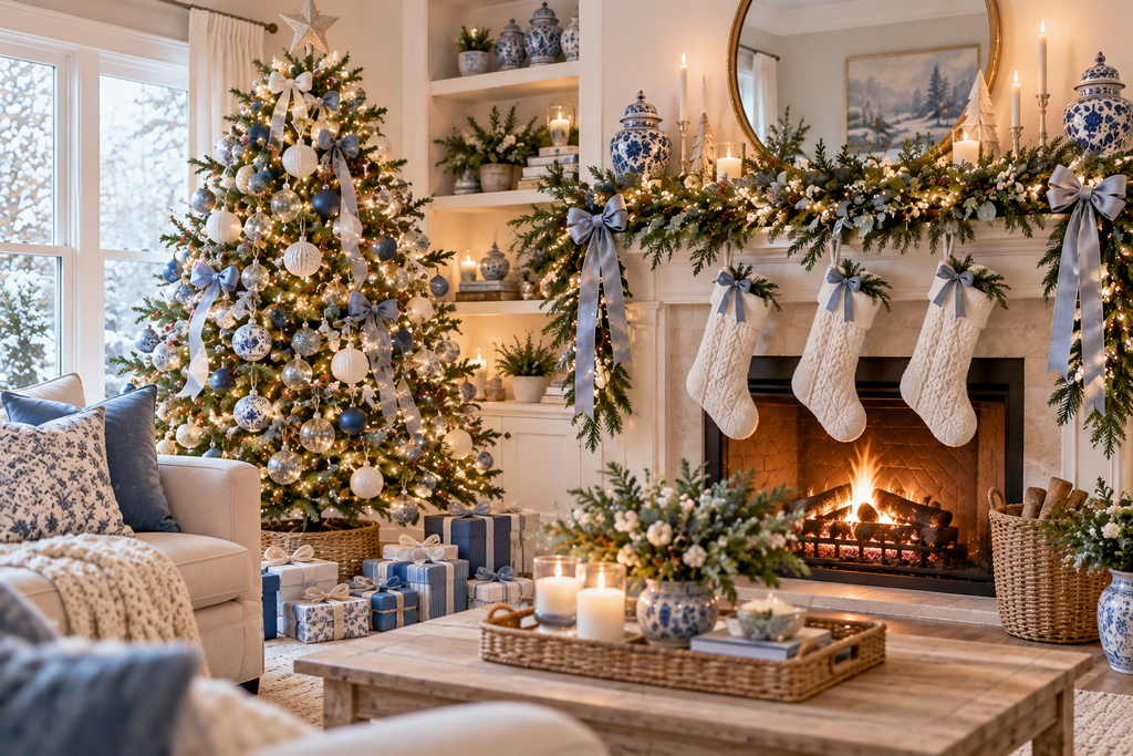 Blue and white Christmas living room with soft blue ornaments, evergreen garland, white stockings, and warm holiday lights