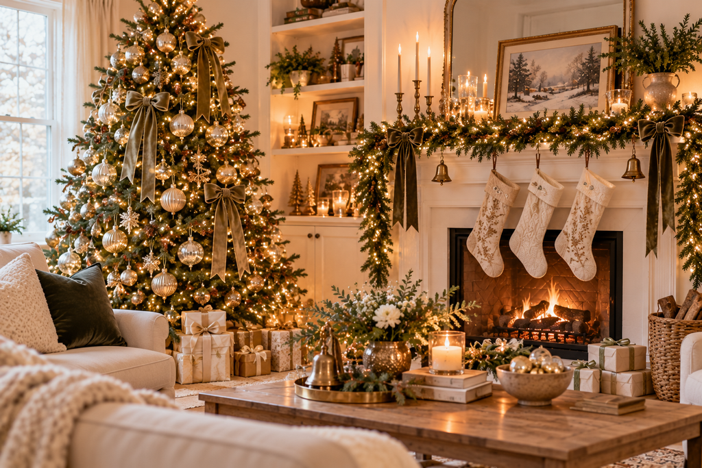 Elegant Christmas living room with gold accents, glass ornaments, velvet ribbon, evergreen garland, and warm candlelight