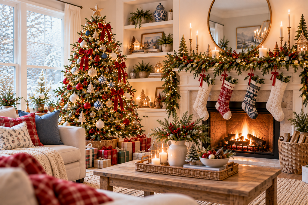Cozy Christmas living room with a decorated tree, glowing fireplace, festive garlands, stockings, and wrapped gifts.