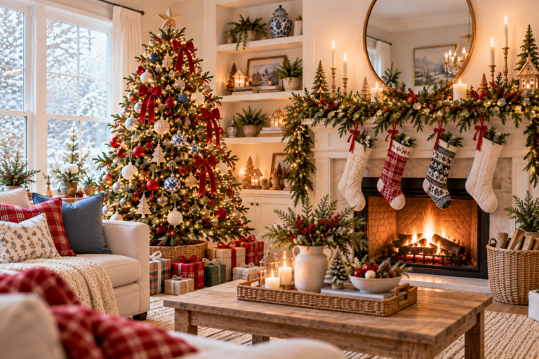 Warm Christmas living room with decorated tree, evergreen garland, stockings, and festive holiday decor