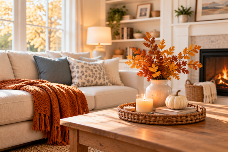 Cozy fall living room with warm throw blanket, autumn branches, candle, and simple seasonal decor
