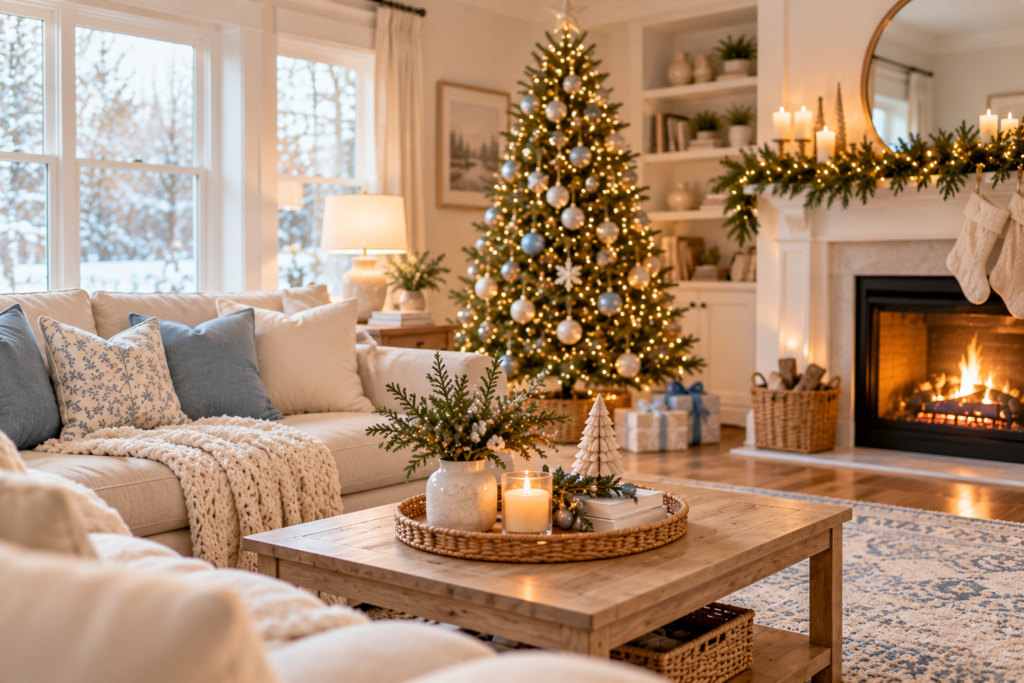 Cozy Christmas living room with decorated tree, warm fireplace, cream sofa, and soft blue accents