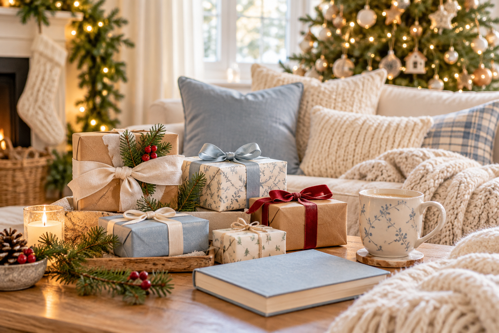Wrapped Christmas gifts with ribbons, a candle, and a mug arranged on a cozy living room table.