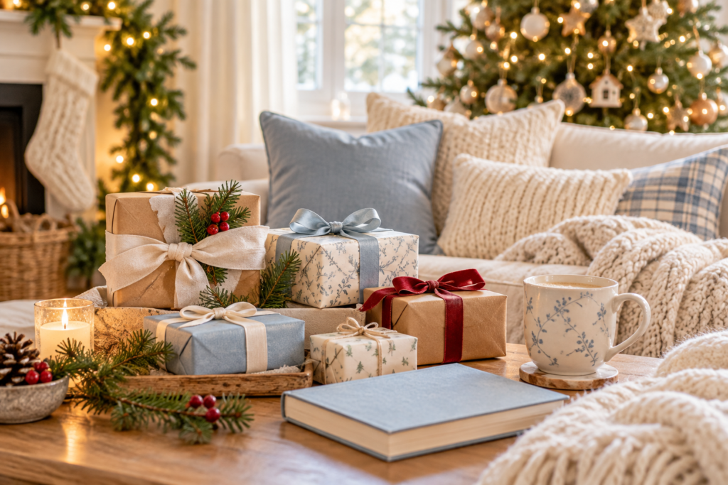 Christmas gifts wrapped in soft blue and neutral paper beside a cozy throw, mug, and holiday greenery
