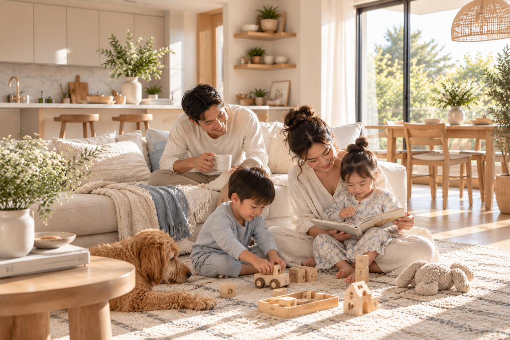 Family spending time together in a bright cozy home