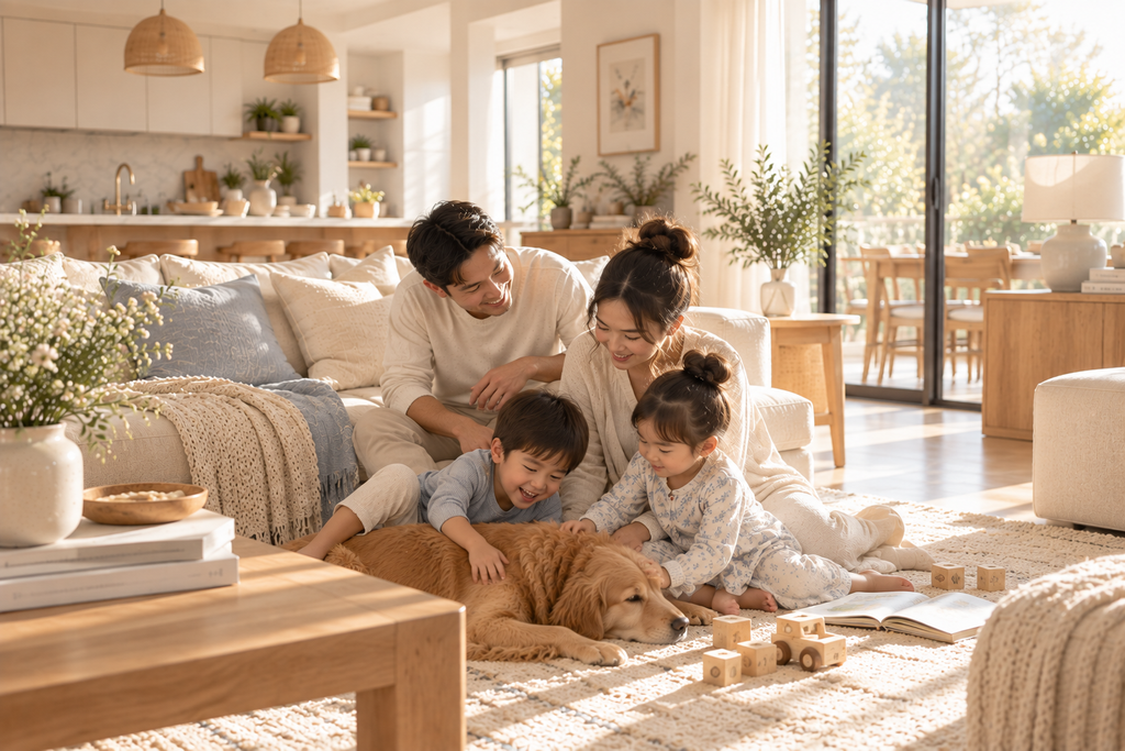 Parents enjoying a relaxed moment with their two young children and golden retriever in a warm family living room.