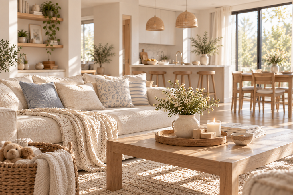 Cozy neutral living room with a cream sofa, soft blue pillows, natural wood furniture, and warm sunlight.