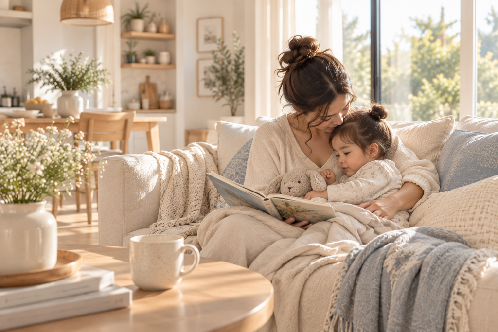 Mother reading a book with her young daughter on a cozy sofa in a bright, peaceful home.