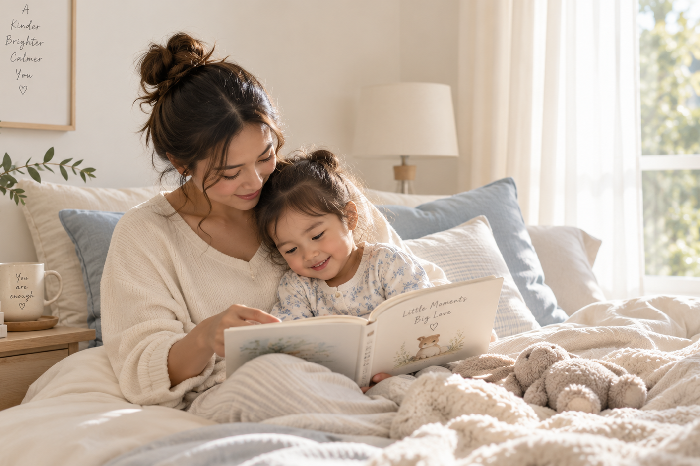 Mother and child reading together at home