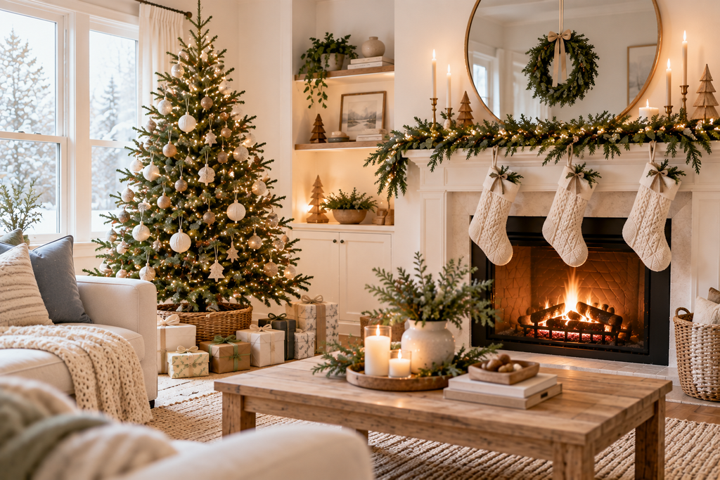 Minimalist Christmas living room with simple greenery, neutral ornaments, natural wood accents, and warm white lights