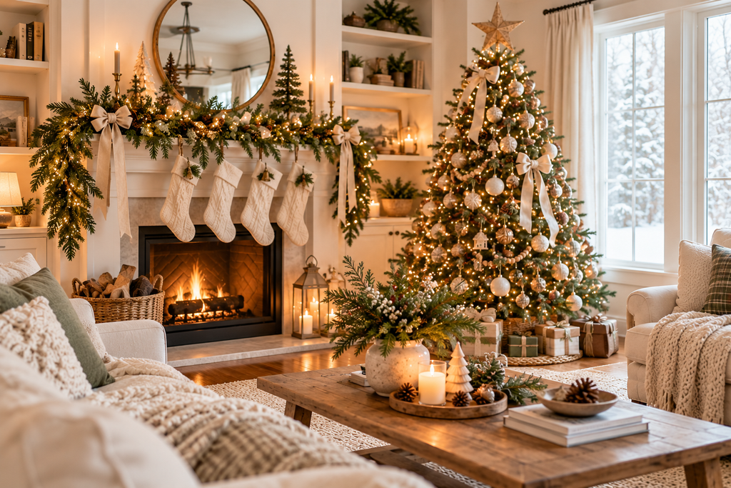 Neutral and natural Christmas living room with warm white ornaments, evergreen garland, cream stockings, and natural wood accents