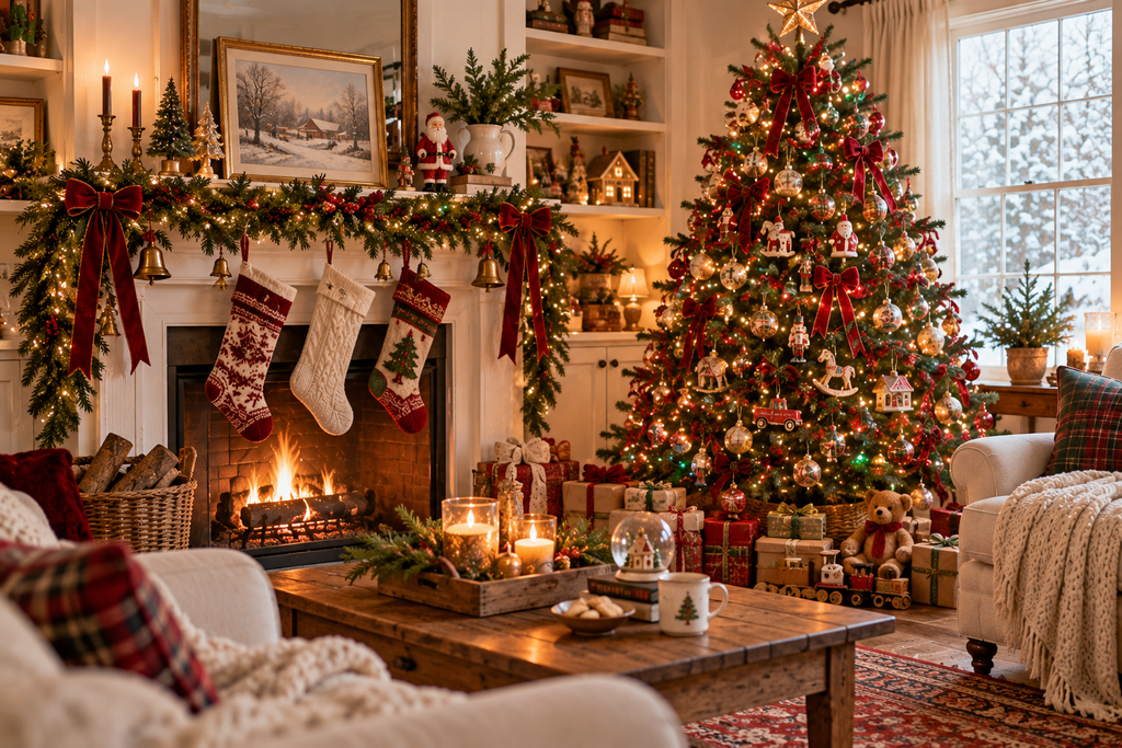 Nostalgic Christmas living room with vintage ornaments, velvet bows, classic stockings, wooden toys, and colorful holiday lights