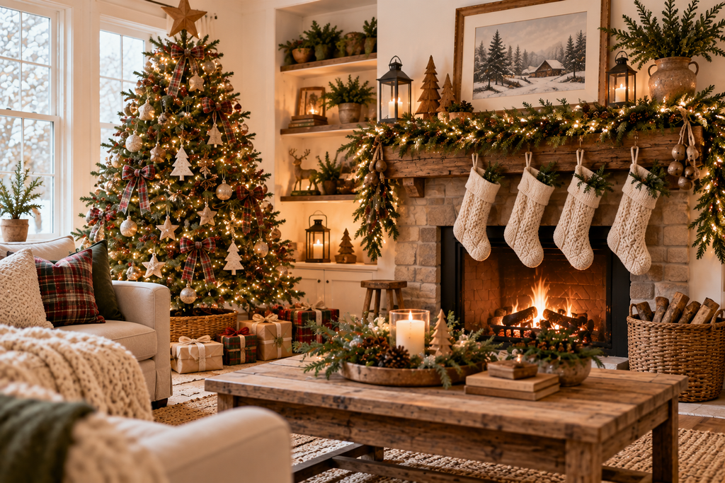Rustic Christmas living room with natural wood, evergreen garland, plaid accents, knit stockings, and warm holiday lights