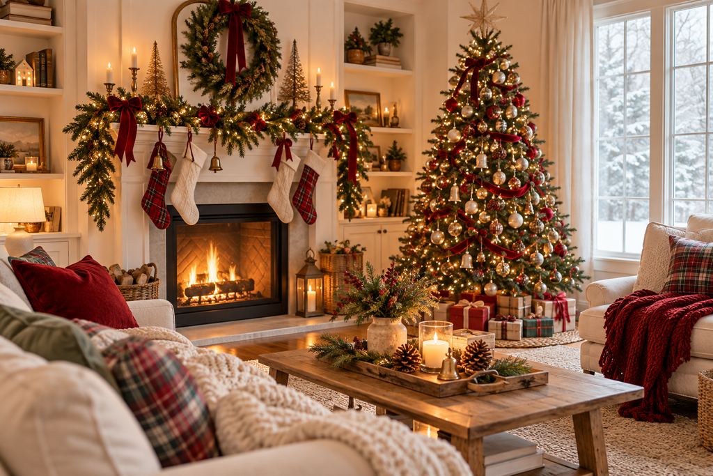 Cozy traditional Christmas living room with red ribbon, evergreen garland, plaid accents and a decorated Christmas tree