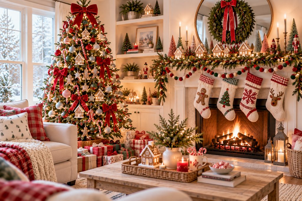 Whimsical Christmas decor with gingerbread ornaments, red velvet bows, colorful stockings, and a festive Christmas tree beside a cozy fireplace