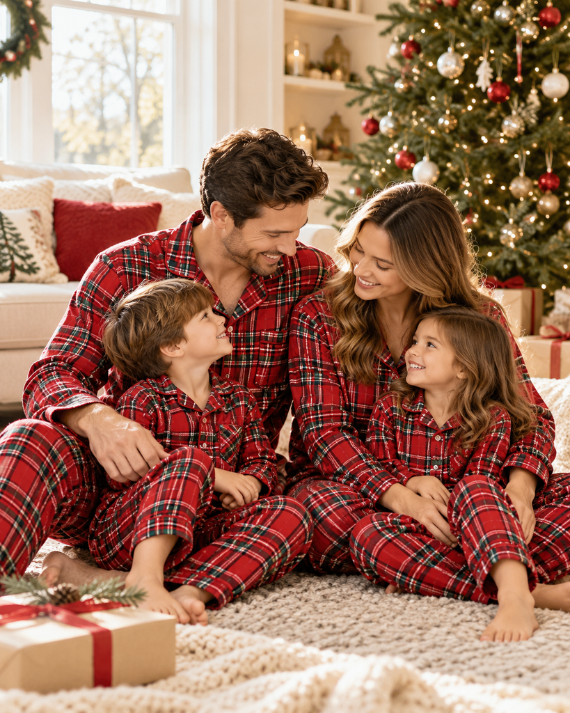 Matching family outfits featuring coordinated red plaid pajamas for parents and children.
