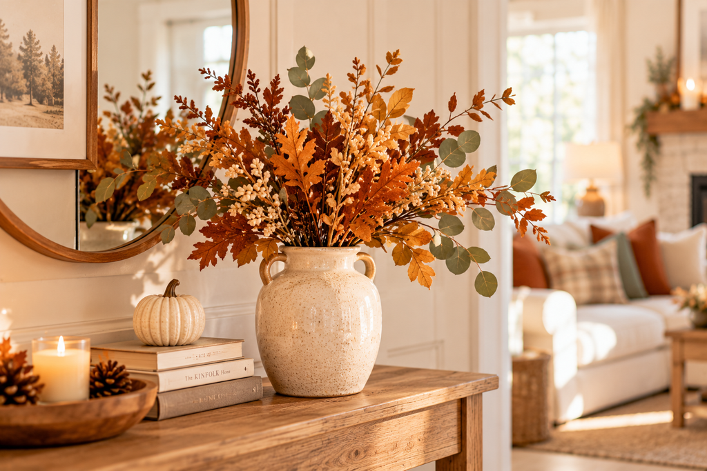 Decorative cream ceramic vase filled with brown and orange autumn stems, eucalyptus leaves, and seasonal foliage on a wooden console table.