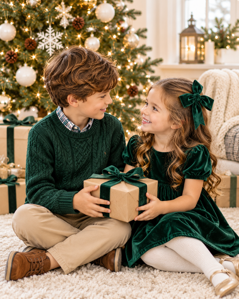 Brother and sister wearing coordinating forest green Christmas outfits while sharing a wrapped present beside a decorated tree