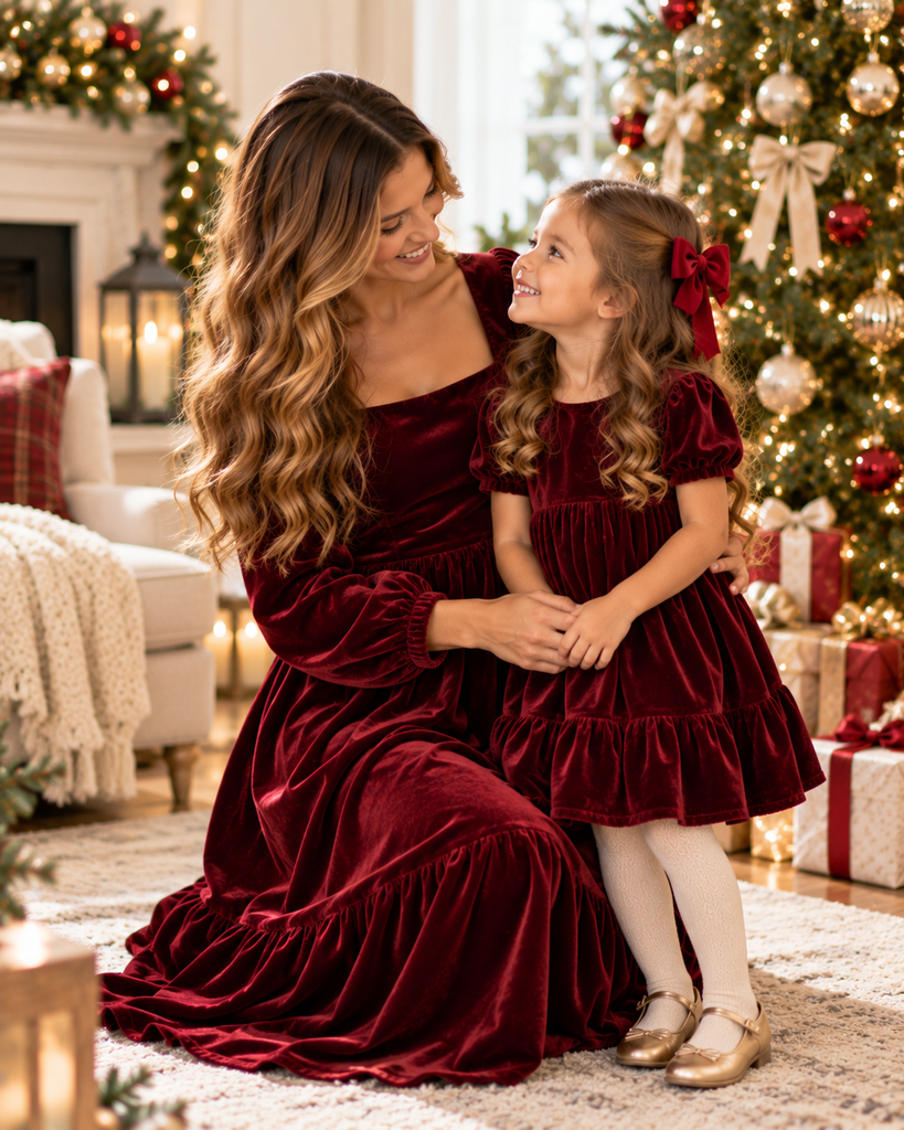 Mother and daughter wearing matching burgundy velvet Christmas dresses beside a decorated Christmas tree