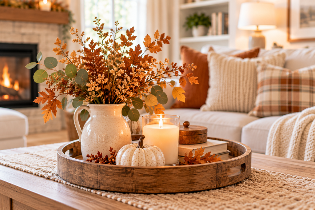 Rustic round wooden tray decorated with an ivory pumpkin, ceramic vase of autumn foliage, and a warm candle on a cozy Thanksgiving coffee table.