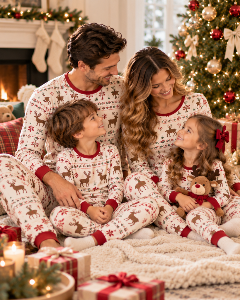 Family of four wearing matching reindeer print Christmas pajamas while sitting together beside a decorated Christmas tree