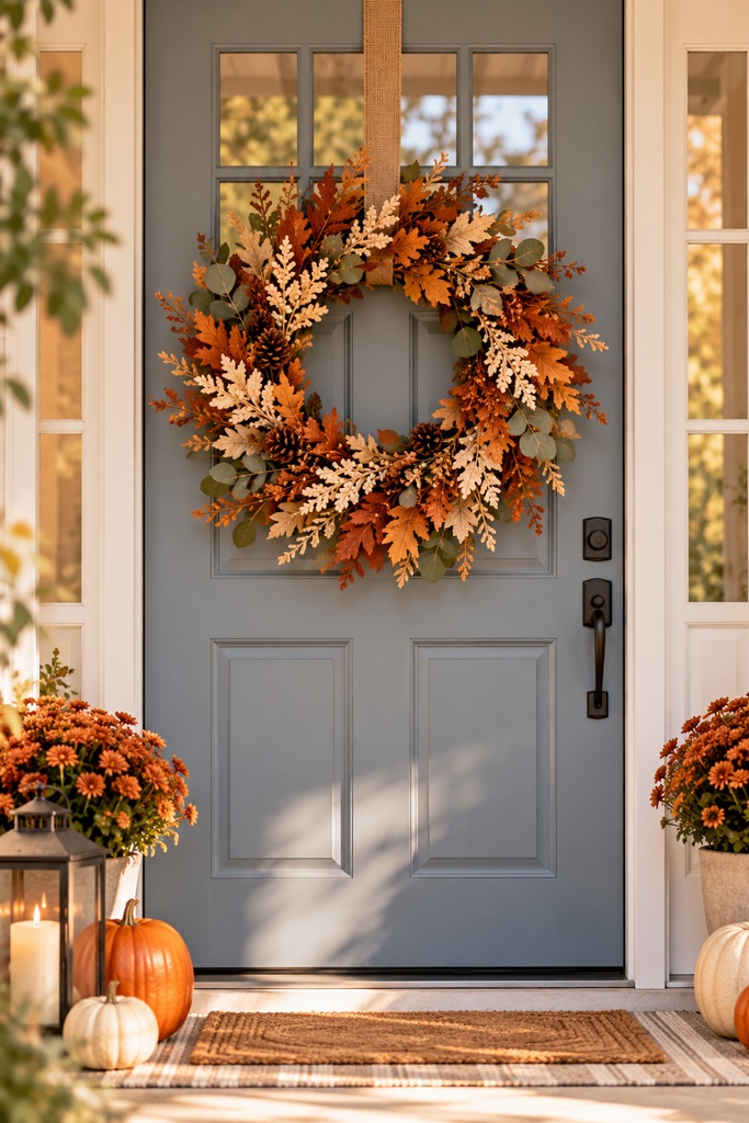 Autumn door wreath with brown and orange fall leaves, cream foliage, eucalyptus, and pinecones hanging on a soft blue-gray front door.