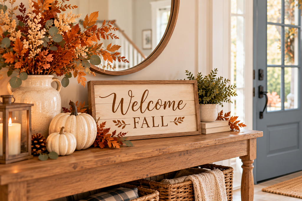 Wooden Welcome Fall sign displayed on an entryway console table with ivory pumpkins, autumn foliage, and a warm lantern.