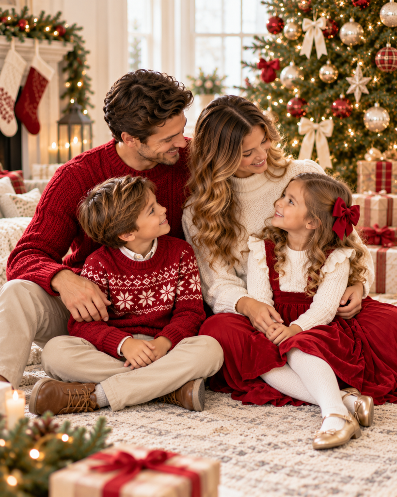 Family of four wearing coordinated red and white Christmas outfits with festive knit sweaters and a red velvet dress beside a Christmas tree