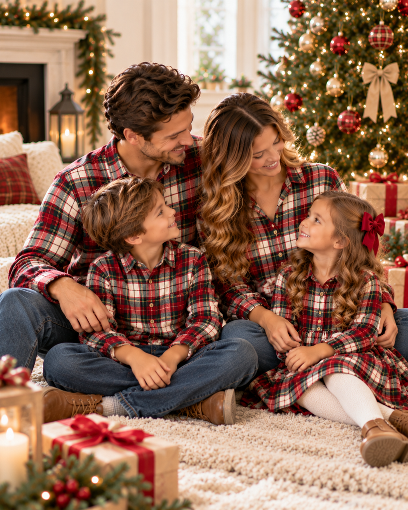 Family of four wearing matching red, green, and cream plaid holiday flannel outfits while sitting together beside a decorated Christmas tree
