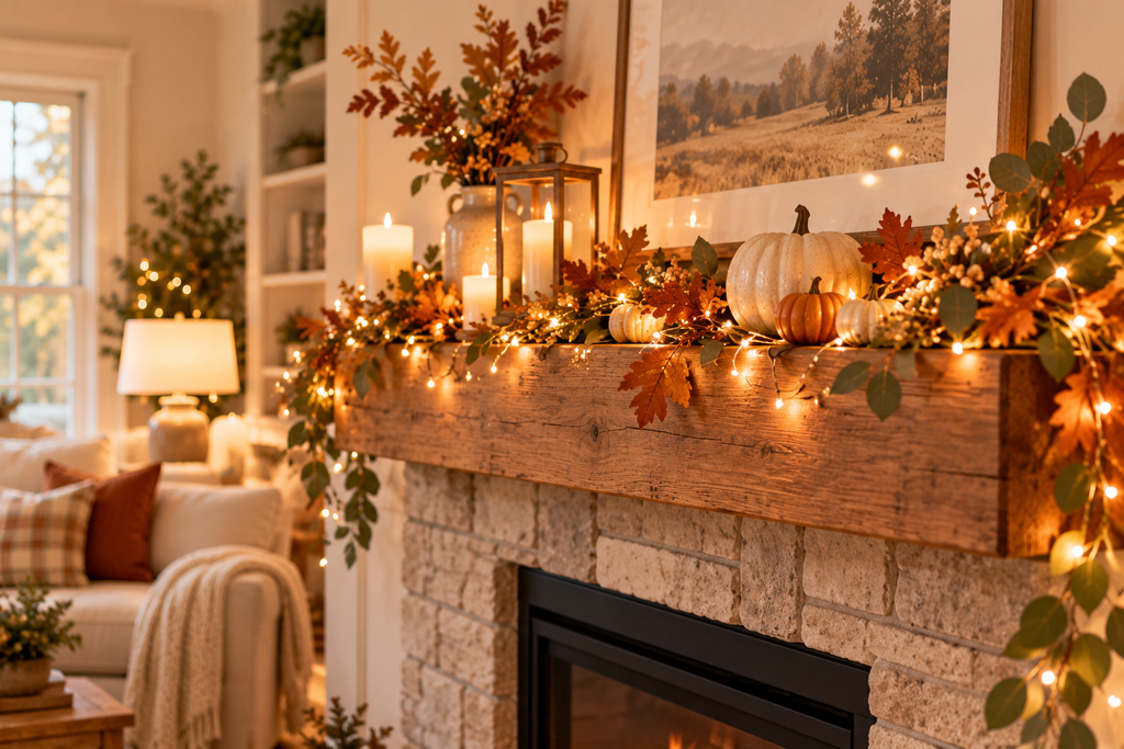 Warm white string lights decorating a wooden fireplace mantel with autumn foliage, ivory pumpkins, and cozy Thanksgiving decorations.
