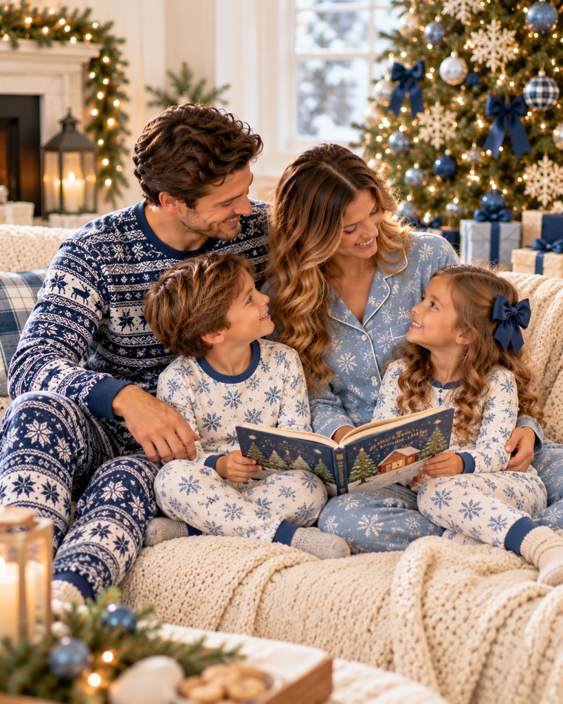 Family of four wearing matching blue and white snowflake Christmas pajamas while reading a holiday storybook beside a decorated Christmas tree.