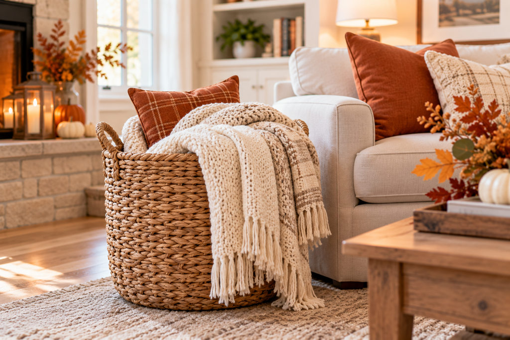 Natural woven basket filled with cozy cream knit blankets and a rust plaid pillow beside a sofa in a warm Thanksgiving living room.