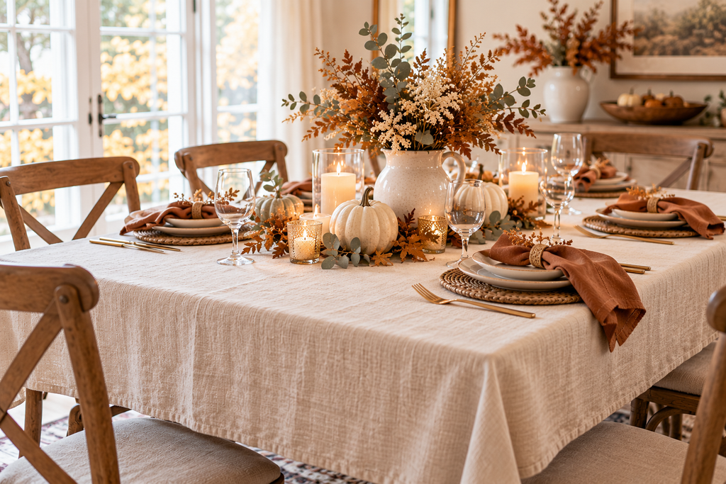 Cozy Thanksgiving dining table with a cream linen tablecloth, rust-colored napkins, ivory pumpkins, and warm autumn centerpieces.