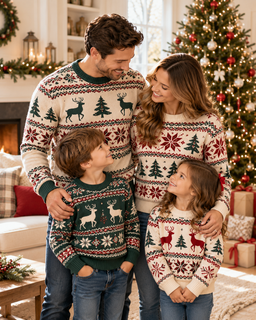 Family of four wearing coordinated Christmas sweaters with reindeer, snowflakes, and Christmas tree patterns