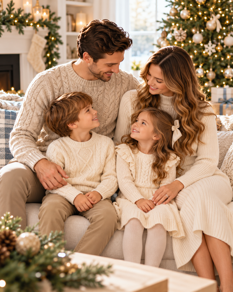 Family of four wearing coordinated cream knit sweaters and beige holiday outfits beside a Christmas tree